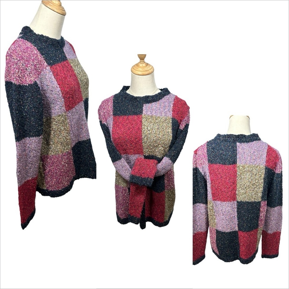 90s Y2K Knit Patchwork Roll Neck Sweater Sz L Whimsy Cottage Indie Boho Artsy